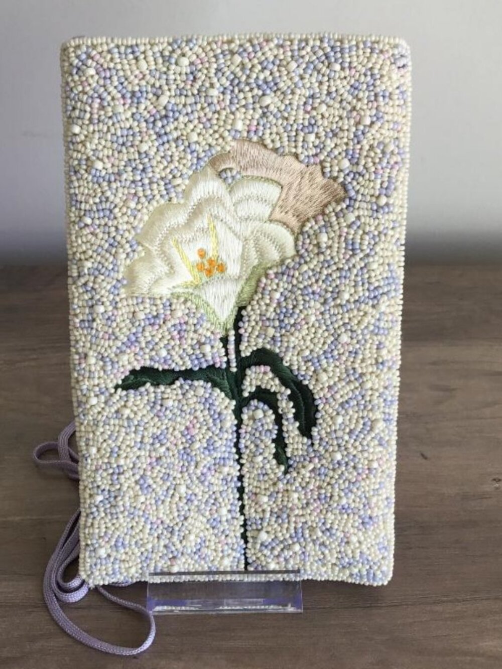 Vintage Hand-Beaded Crossbody Bag White Lily Detailed Embroidery Lavender Strap